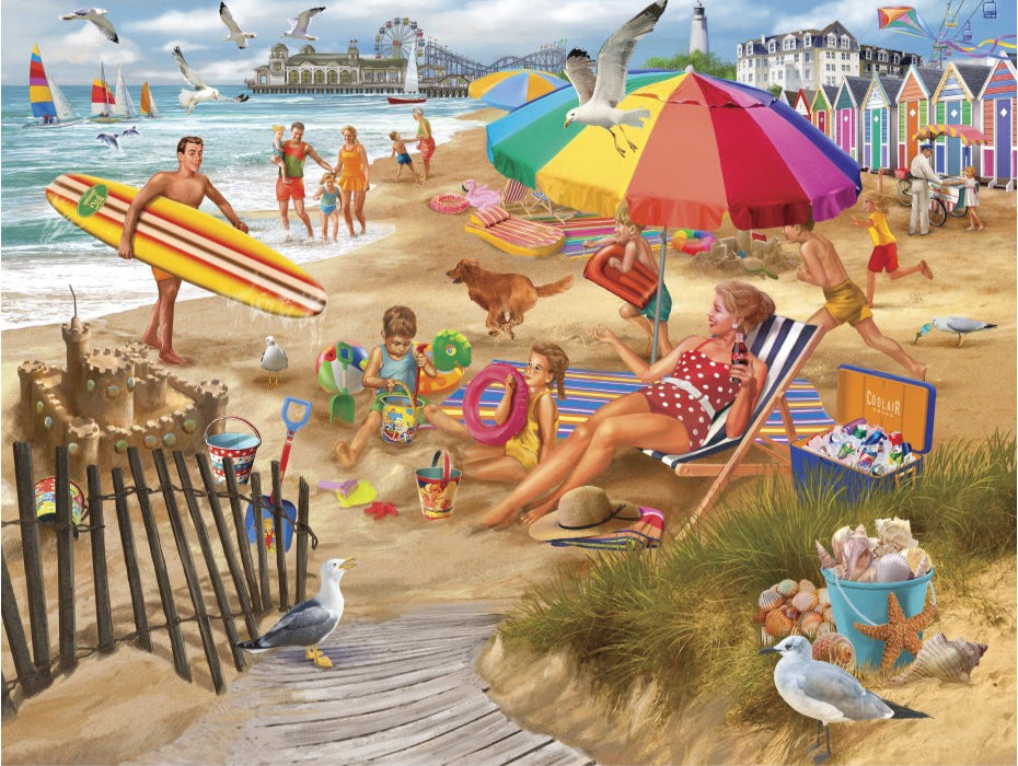 A 1000 piece jigsaw puzzle depicting a vibrant scene on a beach with people, children playing, and a man holding a surfboard. Beach huts and umbrellas are visible in the background.