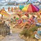 A 1000 piece jigsaw puzzle depicting a vibrant scene on a beach with people, children playing, and a man holding a surfboard. Beach huts and umbrellas are visible in the background.