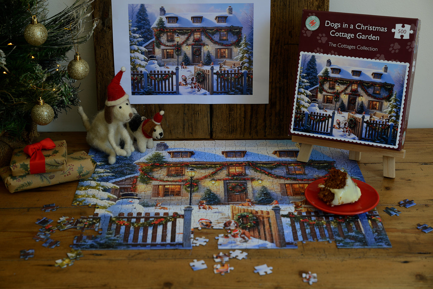 Dogs in a Christmas Cottage Garden 1000 or 500 Piece Jigsaw Puzzle