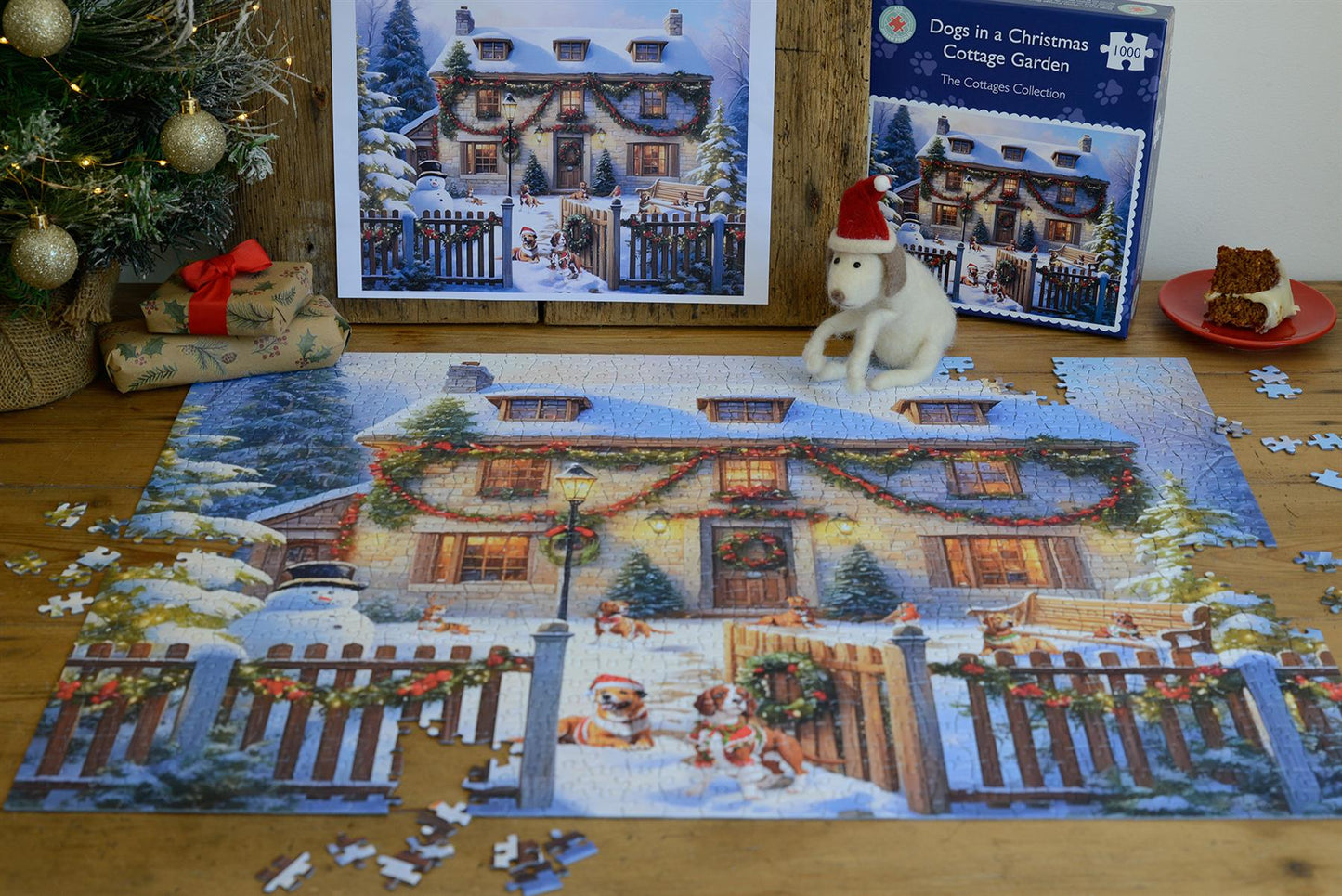 Dogs in a Christmas Cottage Garden 1000 or 500 Piece Jigsaw Puzzle