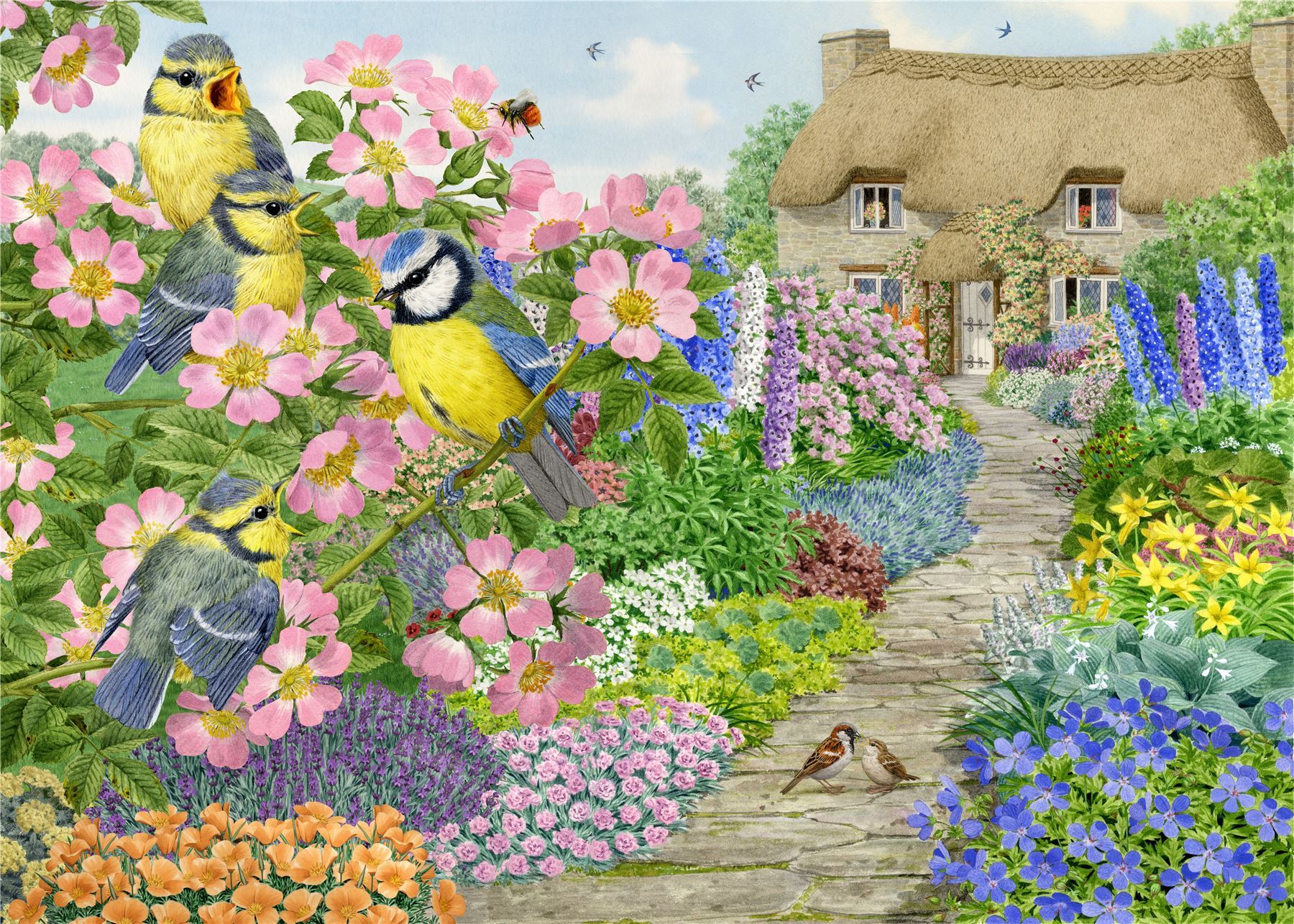 Cottage Garden Birds - Sarah Adams 1000 and 500 Piece Jigsaw Puzzle