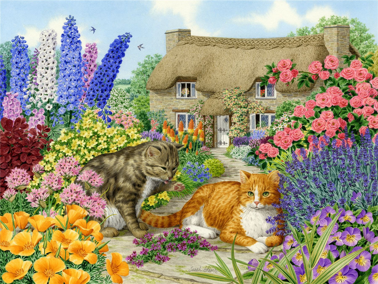 Spring Cottage Cats - Sarah Adams 1000 and 500 Piece Jigsaw Puzzle
